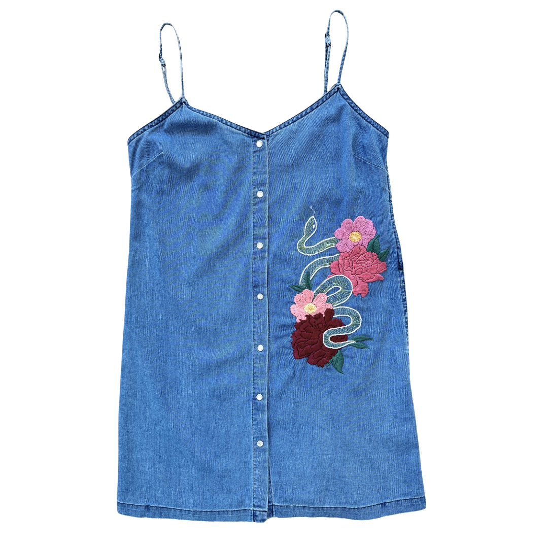 Up-cycled Snake and Flowers Denim Dress | Medium  purpleastervintage