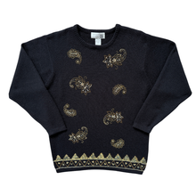 Load image into Gallery viewer, Vintage 1990s Cleo Black and Gold Beaded Paisley Sweater - Medium / Large