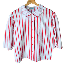 Load image into Gallery viewer, Red and White Striped Blouse with Lace Detailed Collar | Large 1980s