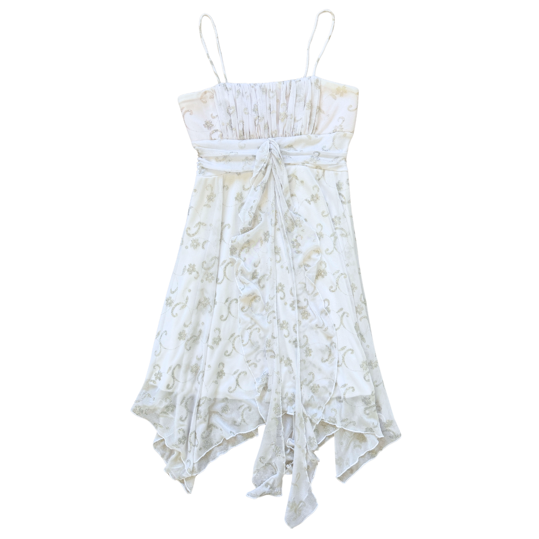Vintage Y2K Mariposa White Babydoll Dress with Silver Sparkle Flowers