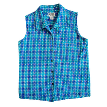 Load image into Gallery viewer, Vintage 1990s Teal Floral Plaid Cotton Collared Sleeveless Blouse | Medium-Large