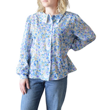 Load image into Gallery viewer, Blue Yellow and Purple Floral Blouse with Peter Pan Collar | M