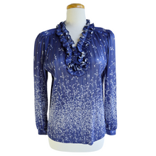 Load image into Gallery viewer, Blue Ruffled Neck Pleated Floral Blouse | M