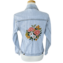 Load image into Gallery viewer, Up-cycled Hand Embroidered Denim Jacket with Roses, Daisies and Foliage (Vintage Embroidery) | Small