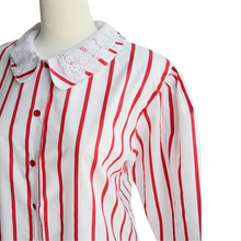 Load image into Gallery viewer, Red and White Striped Blouse with Lace Detailed Collar | Large
