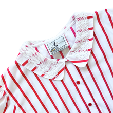 Load image into Gallery viewer, Perspective Red and White Striped Blouse with Lace Detailed Collar | Large