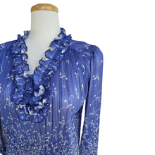 Load image into Gallery viewer, D'Allaird's Blue Ruffled Neck Pleated Floral Blouse | Medium