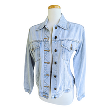 Load image into Gallery viewer, Up-cycled Hand Embroidered Denim Jacket with Roses, Daisies and Foliage (Vintage Embroidery) | Small