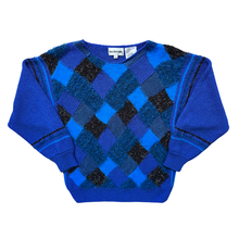 Load image into Gallery viewer, Vintage 1980s Lara Ferrante Blue Patchwork Sweater with Angora - Large