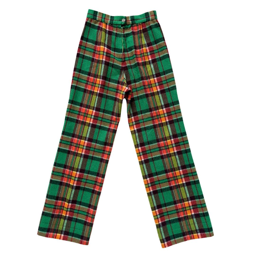 Vintage 70s Green and Orange Plaid Wool Pants | Extra-Small