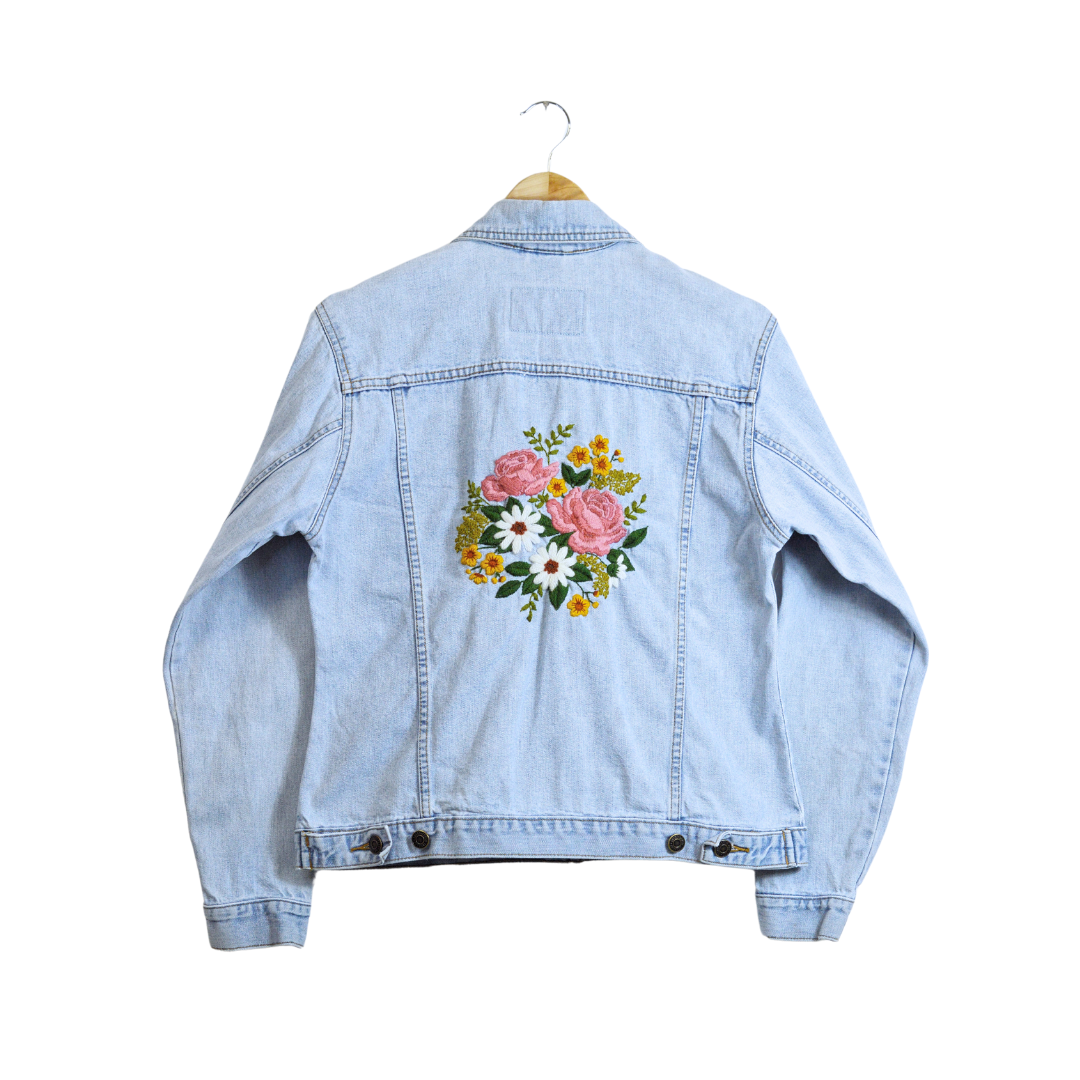 Denim shops jacket with embroidered back