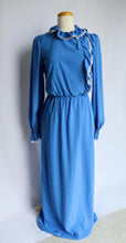 Load image into Gallery viewer, Cerulean Blue Lace Trim Ruffled Collar and Sleeve Dress | 1970s | Small