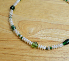 Load image into Gallery viewer, Up-cycled Hand-crafted Necklace with Green Glass and Textured Faux Pearl Beads