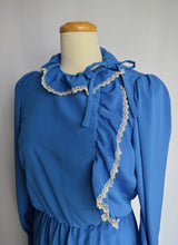 Load image into Gallery viewer, Cerulean Blue Lace Trim Ruffled Collar and Sleeve Dress | 1970s | Small