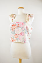 Load image into Gallery viewer, Up-cycled Pink and Red Roses Bow Shoulder Cropped Tank | Extra-Large | Prototype