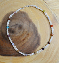 Load image into Gallery viewer, Up-cycled Hand-crafted Necklace with Multi-Coloured Rainbow Beads and Textured Pearl Beads