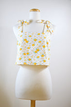 Load image into Gallery viewer, Up-cycled Little Yellow Roses Bow Shoulder Cropped Tank | Medium