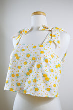 Load image into Gallery viewer, Up-cycled Little Yellow Roses Bow Shoulder Cropped Tank | Medium