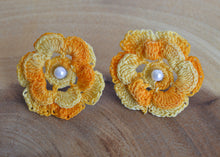 Load image into Gallery viewer, Up-cycled Yellow Crocheted Flower Studs with Pearl Bead Inlay