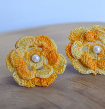 Load image into Gallery viewer, Up-cycled Yellow Crocheted Flower Studs with Pearl Bead Inlay