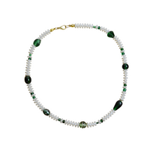 Load image into Gallery viewer, Up-cycled Hand-crafted Necklace with Green Glass and Textured Faux Pearl Beads