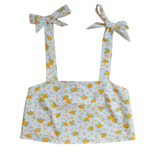 Load image into Gallery viewer, Up-cycled Handcrafted Little Yellow Roses Bow Shoulder Cropped Tank | Medium