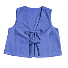 Load image into Gallery viewer, Up-cycled Periwinkle Blue Floral Eyelet Tie-Front Vest | Large / Extra-Large
