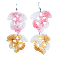 Load image into Gallery viewer, Up-cycled Handcrafted Pink and Yellow Floral Doily Dangle Earrings
