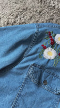 Load and play video in Gallery viewer, Men's Upcycled Daisy and Red Flowers Hand Embroidered Denim Shirt | L