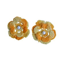 Load image into Gallery viewer, Up-cycled Yellow Crocheted Flower Studs with Pearl Bead Inlay