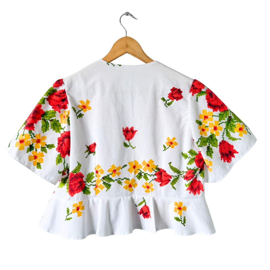 Recycled Red and Yellow Floral Peplum Blouse | 2XL