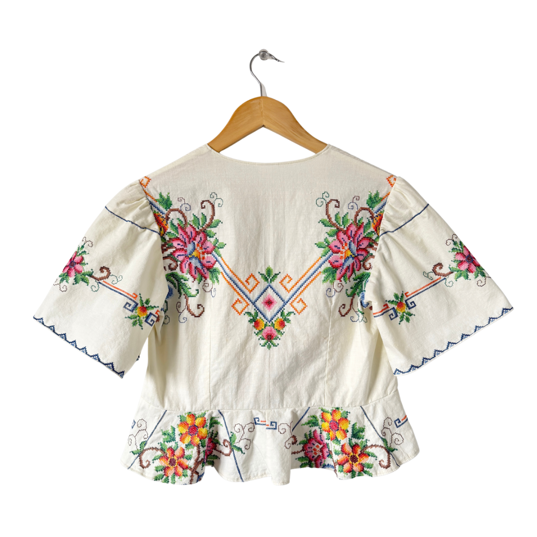 Recycled Multi-Floral Embroidered Peplum Blouse | Small