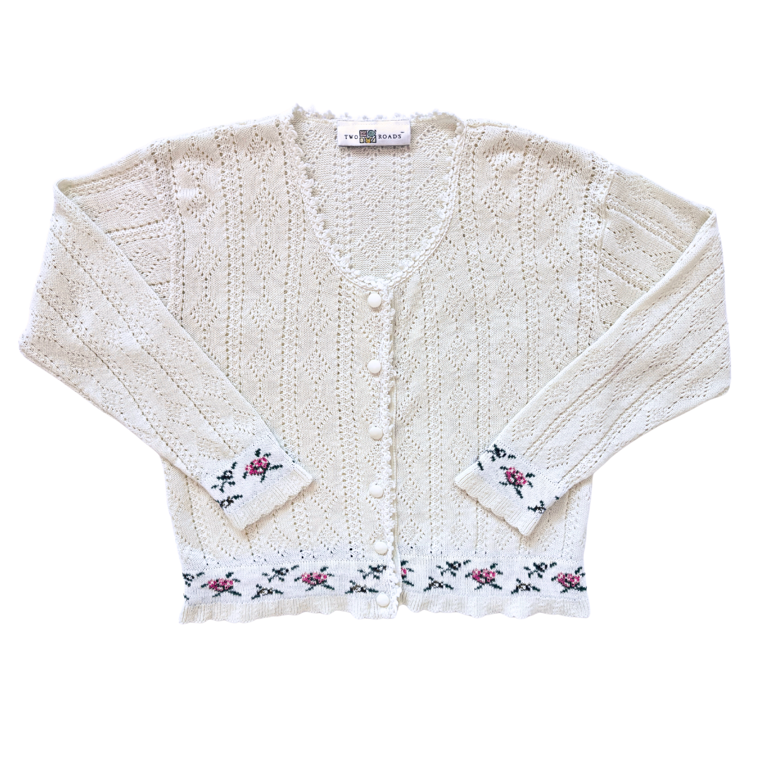 Vintage 1980s-1990s Two Roads White Cardigan with Floral Trim | Small - Medium