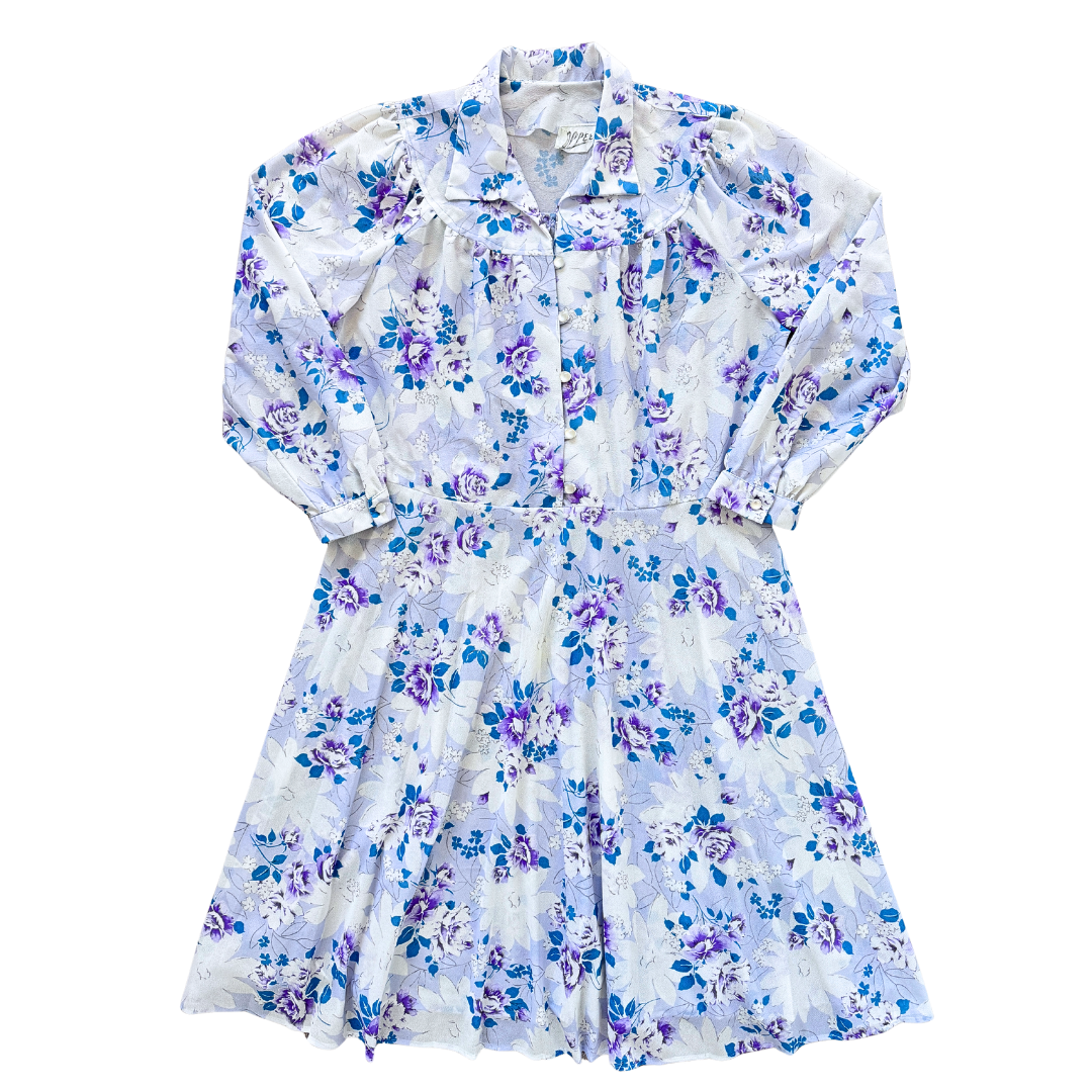 Vintage Blue Purple and White Floral Belted Shirtdress | 1970s | Large