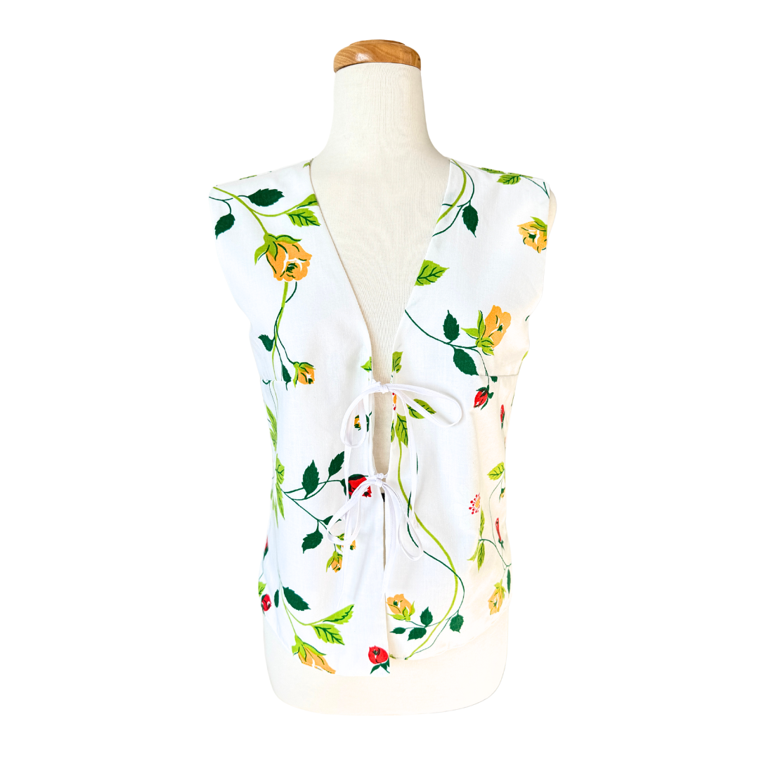 Recyled Vintage White Vest with Big Blooms | Large