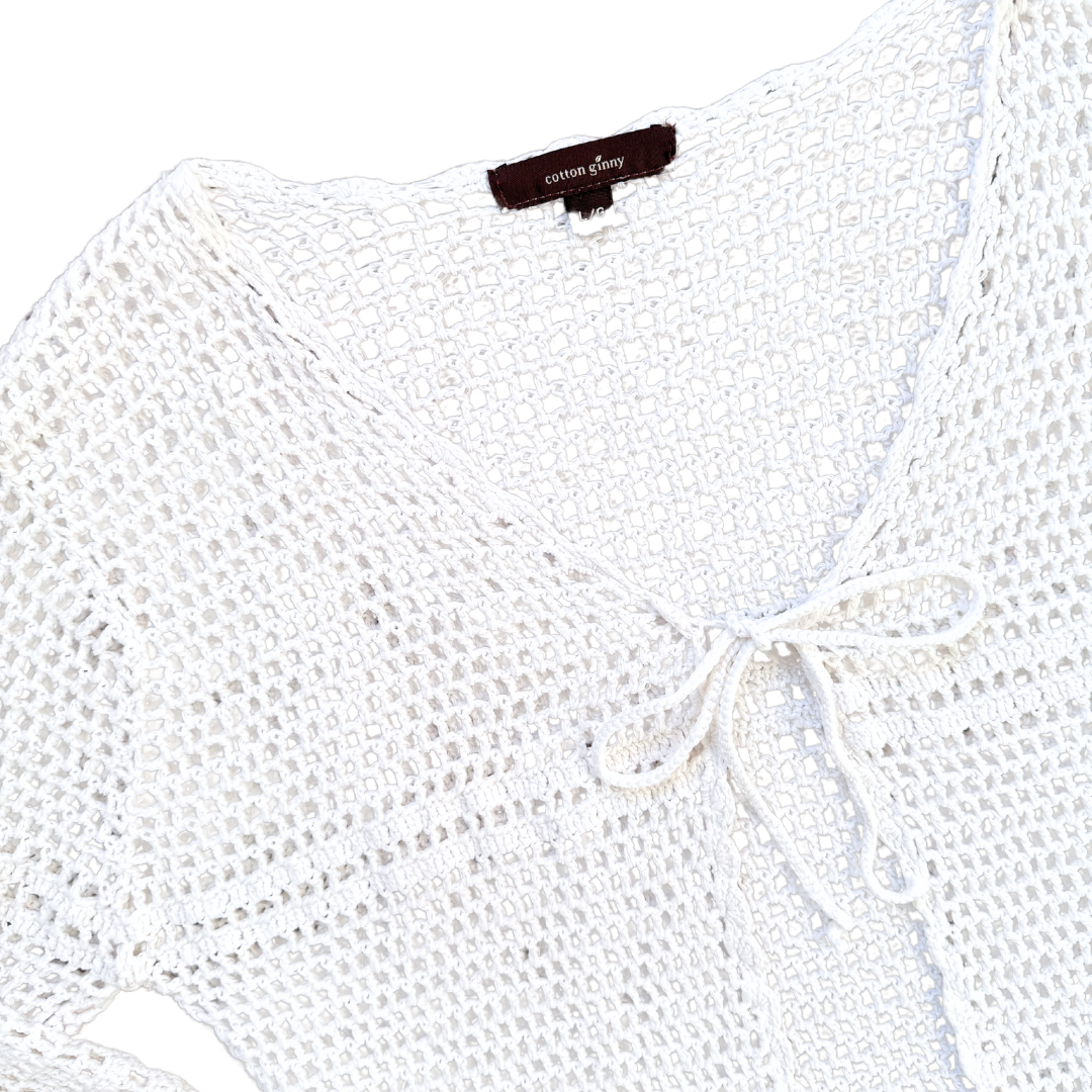 Cotton Ginny White Crochet Tie-Front Cardigan | Medium - Large
