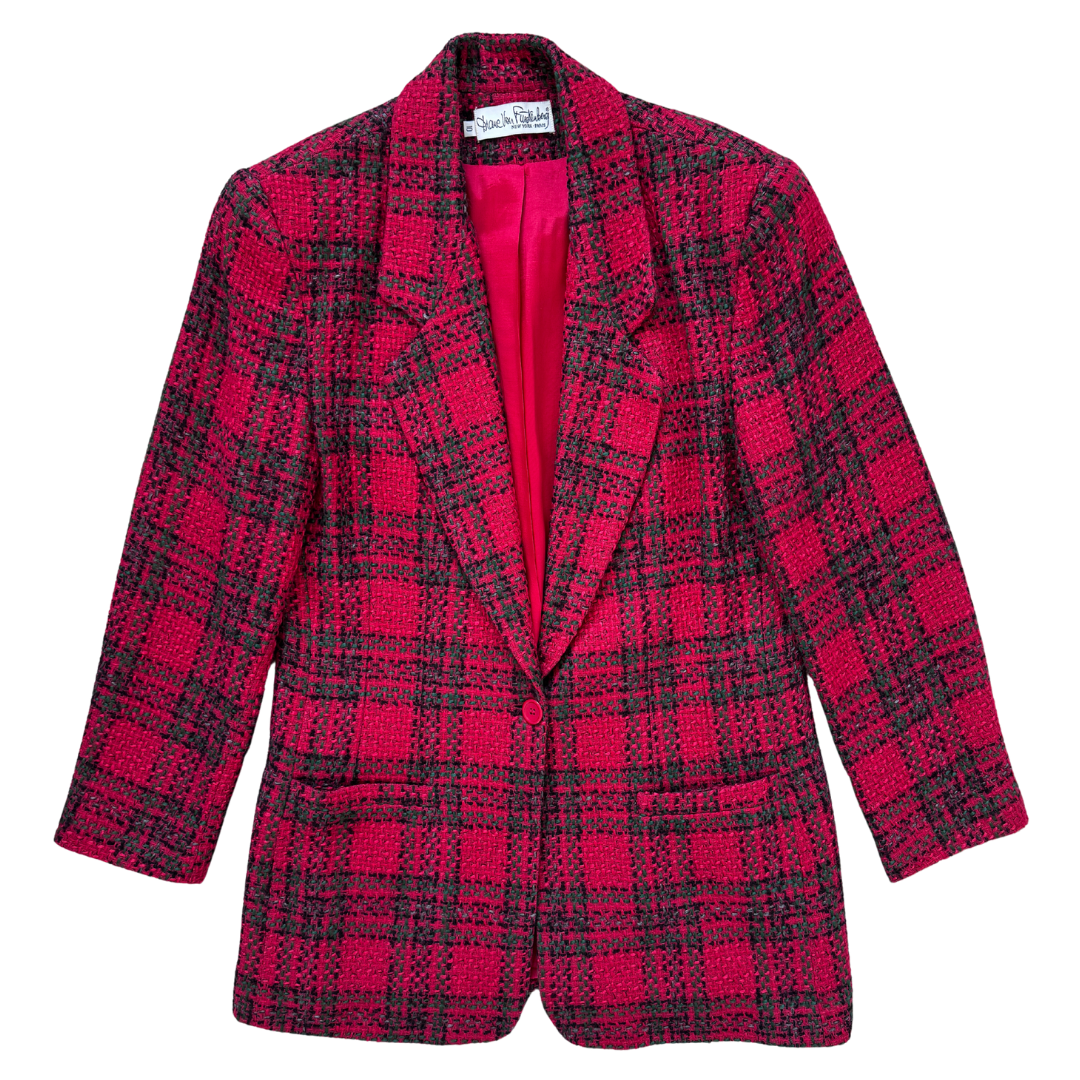 Vintage 1980s Diane Von Furstenberg Red Plaid Tweed Wool Blazer - Medium