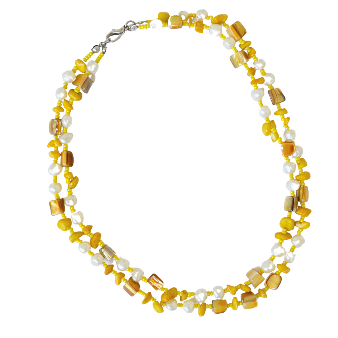 Upcycled Yellow and Pearl Mixed Beaded Necklace