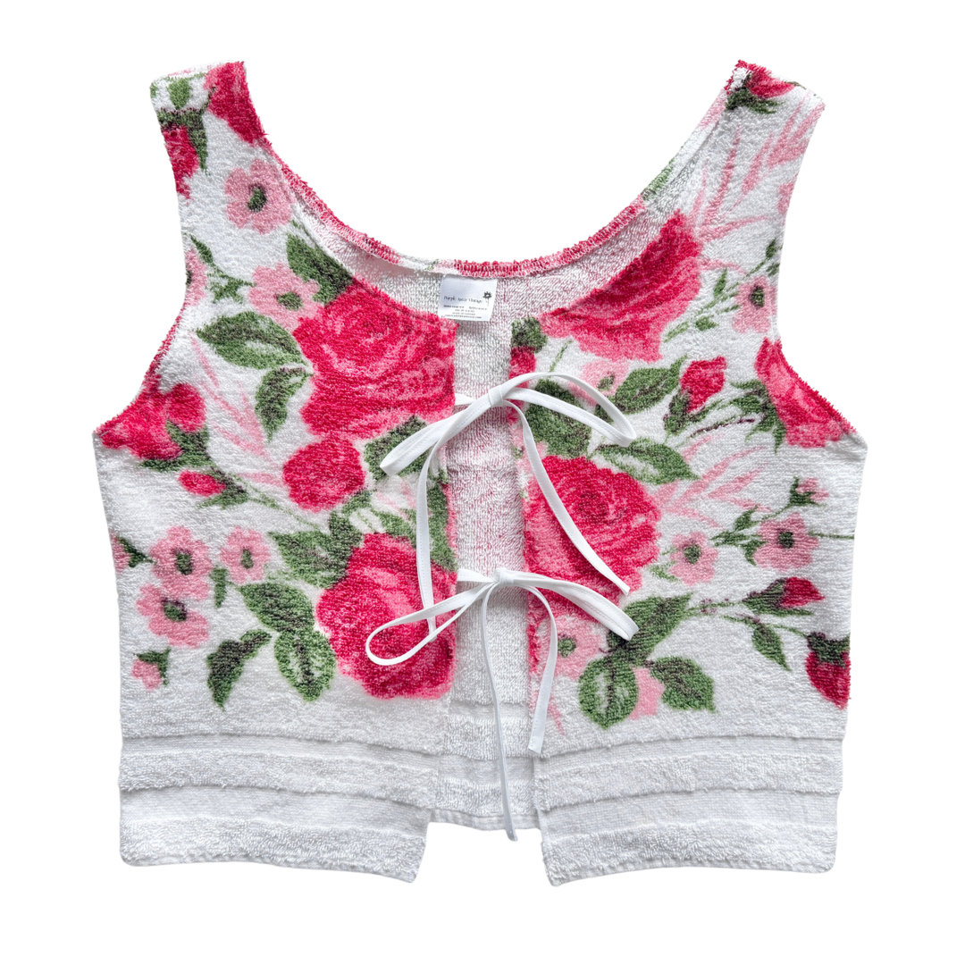 Recycled Red and Pink Rose Tie-Front Towel Vest | Small