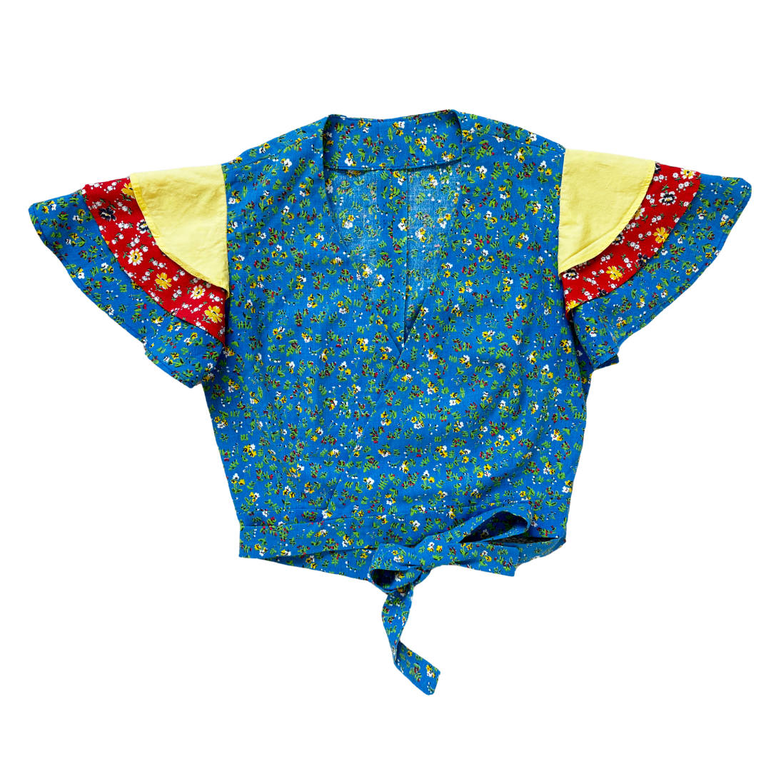 Vintage 70s-80s Primary Colours Floral Tiered Sleeve Blouse | Extra-Small
