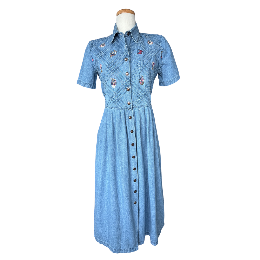 V.I.Petites Denim Maxi Dress with Flowers and Butterflies | Medium