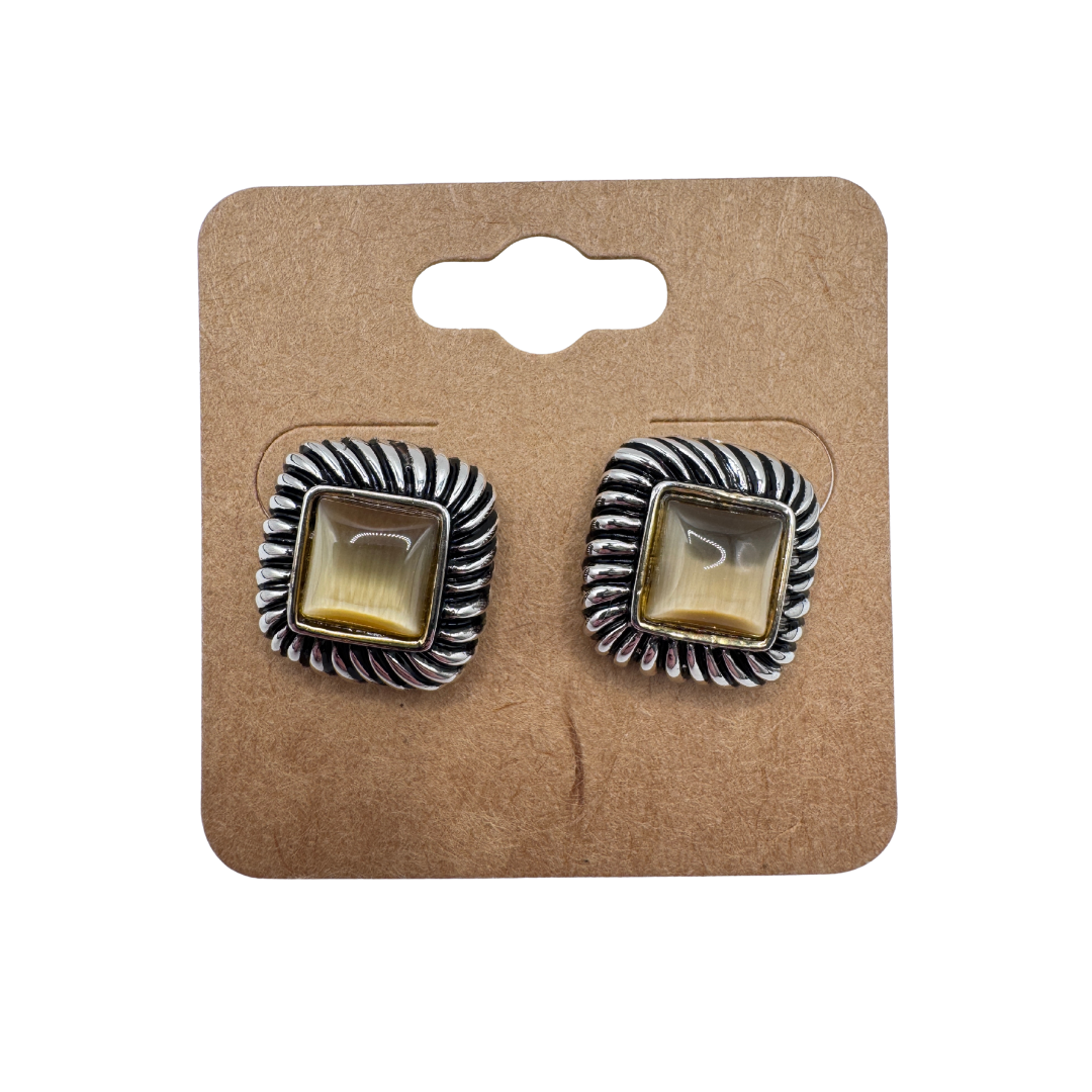 Square Silver Rope Bordered Faux Agate Stud Earrings