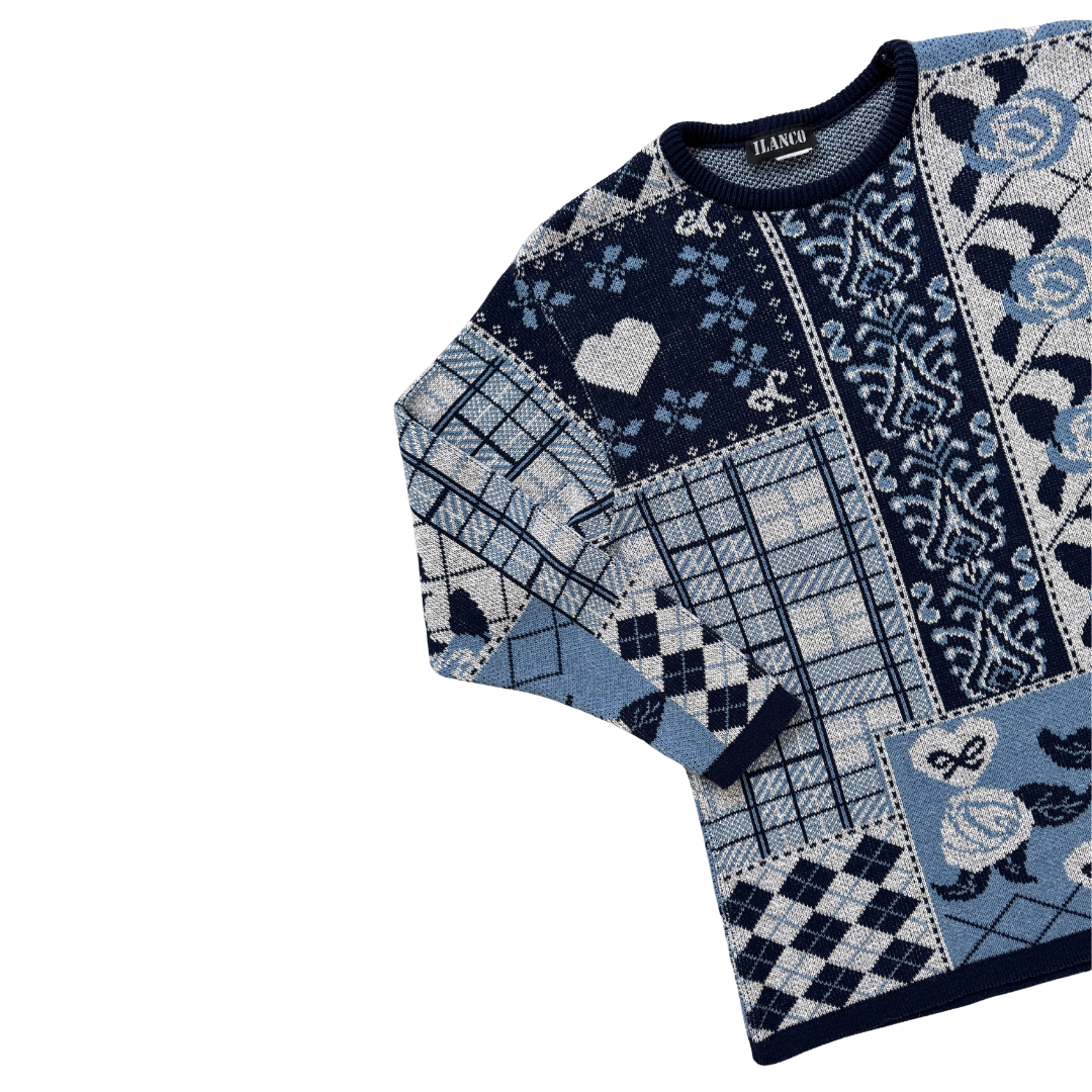 Ilanco Blue and Grey Argyle and Floral Sweater | Medium