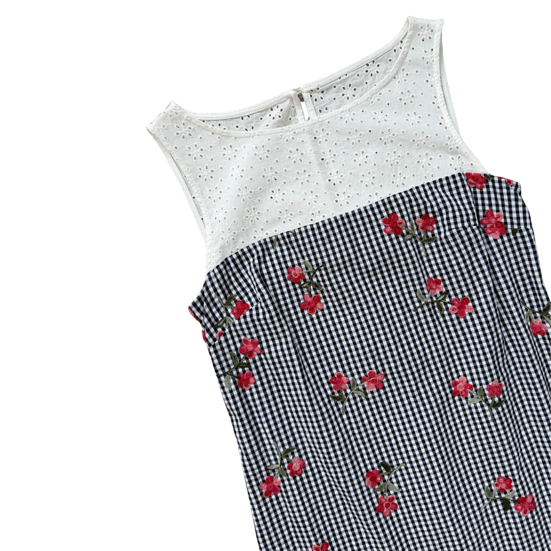 Karl Lagerfeld B&W Gingham Dress with Red Floral Embroidery | Medium