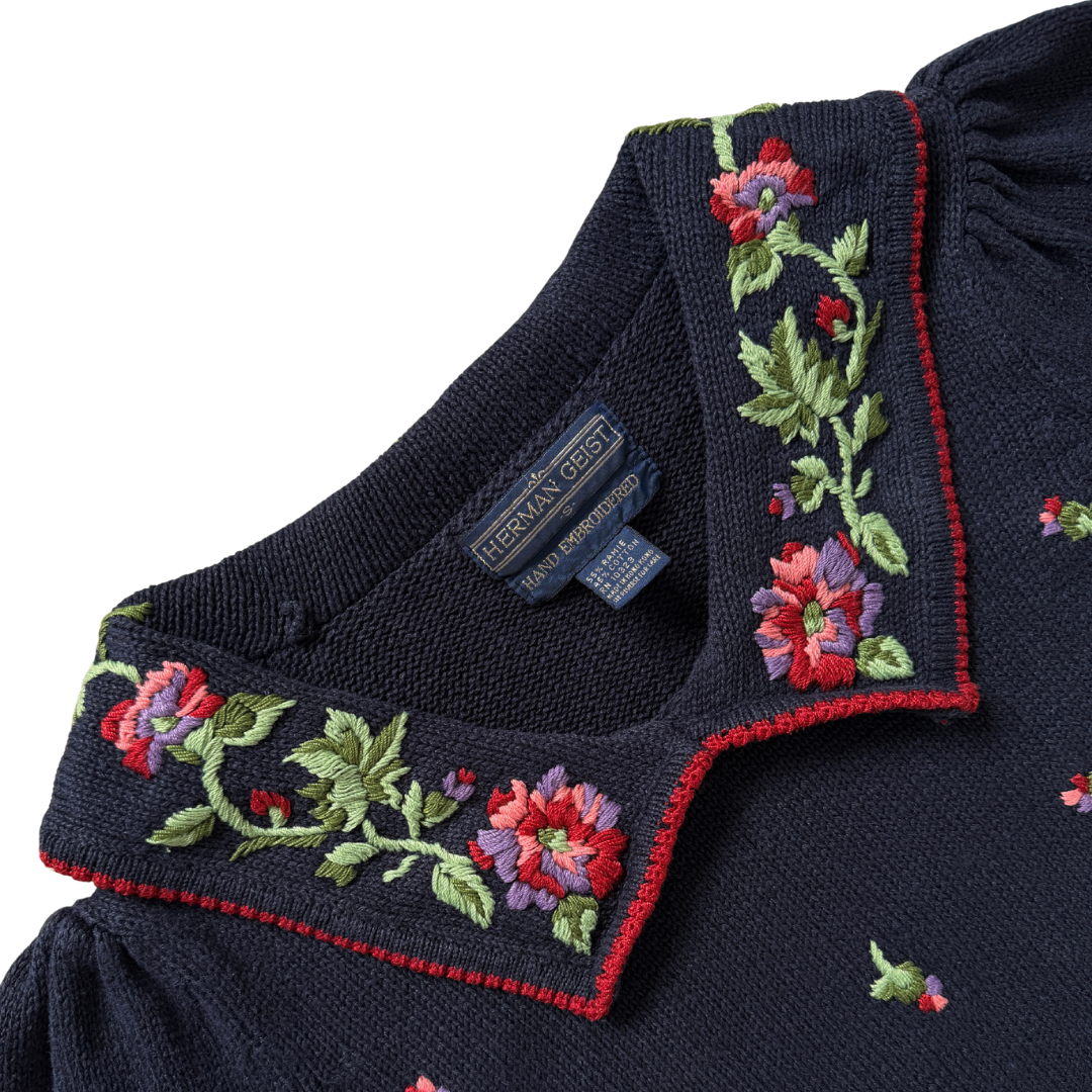 Herman Geist Navy Floral Embroidered Collared Sweater | Small