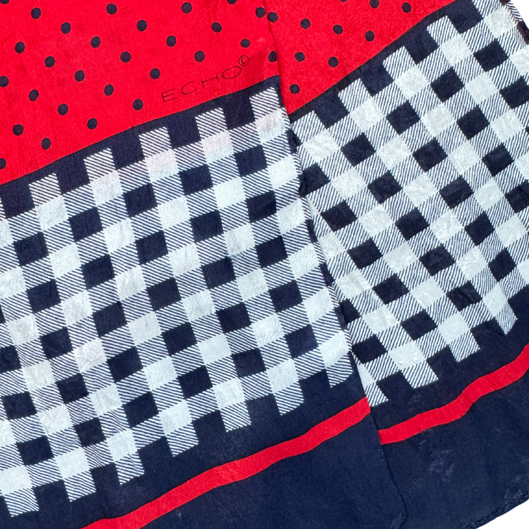 Echo Red and Navy Polka Dot / Checkered Silk Scarf