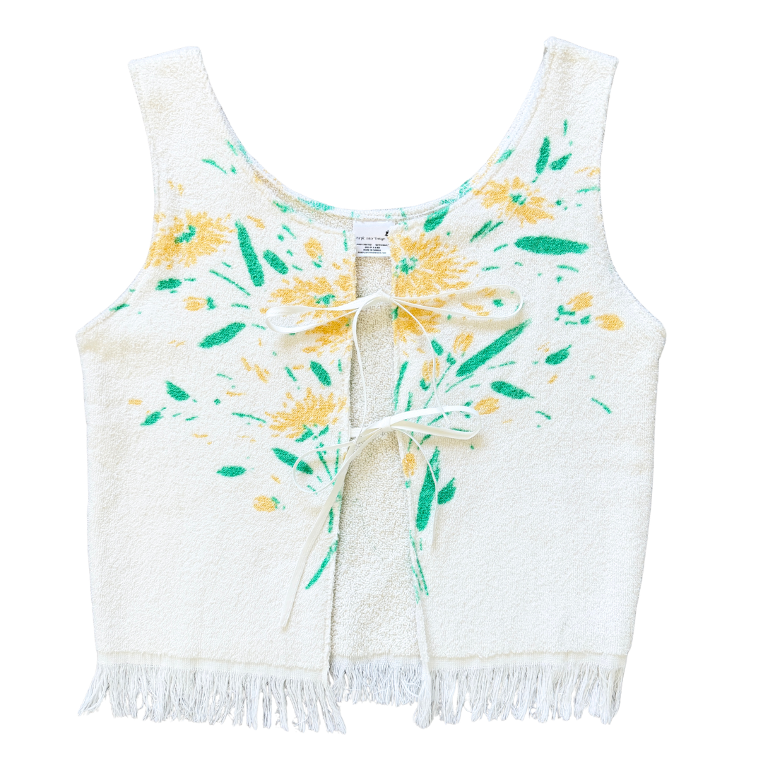 Recycled Vintage White Towel Vest with Yellow Floral Print | Medium