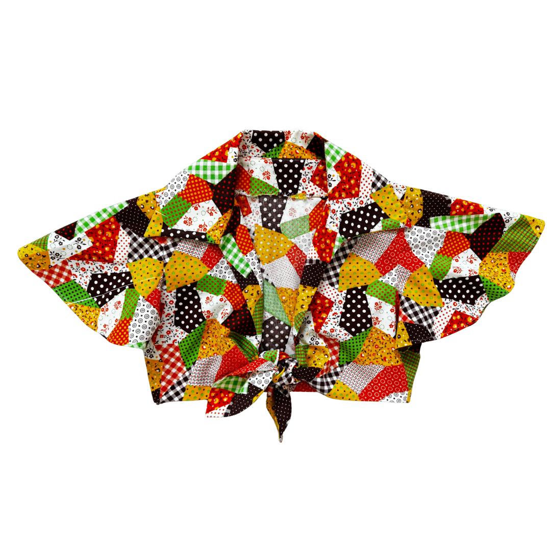 Vintage 70s Patchwork Print Tie-Front Cropped Blouse | Extra-Small