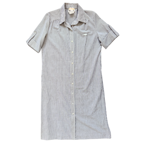 Vintage 1970s Sears Beige and White Striped Shirt Dress | Medium-Large