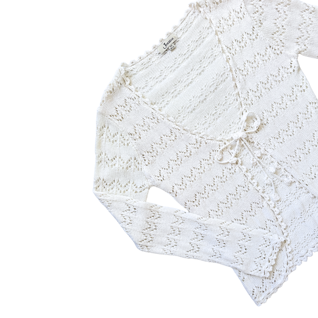 Jessica White Lace Knit Tie-Front Cardigan | Small